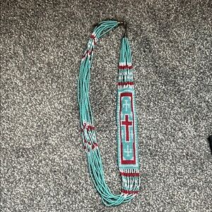 Beaded Cross Statement Necklace in Turquoise and Red - Women Jewelry